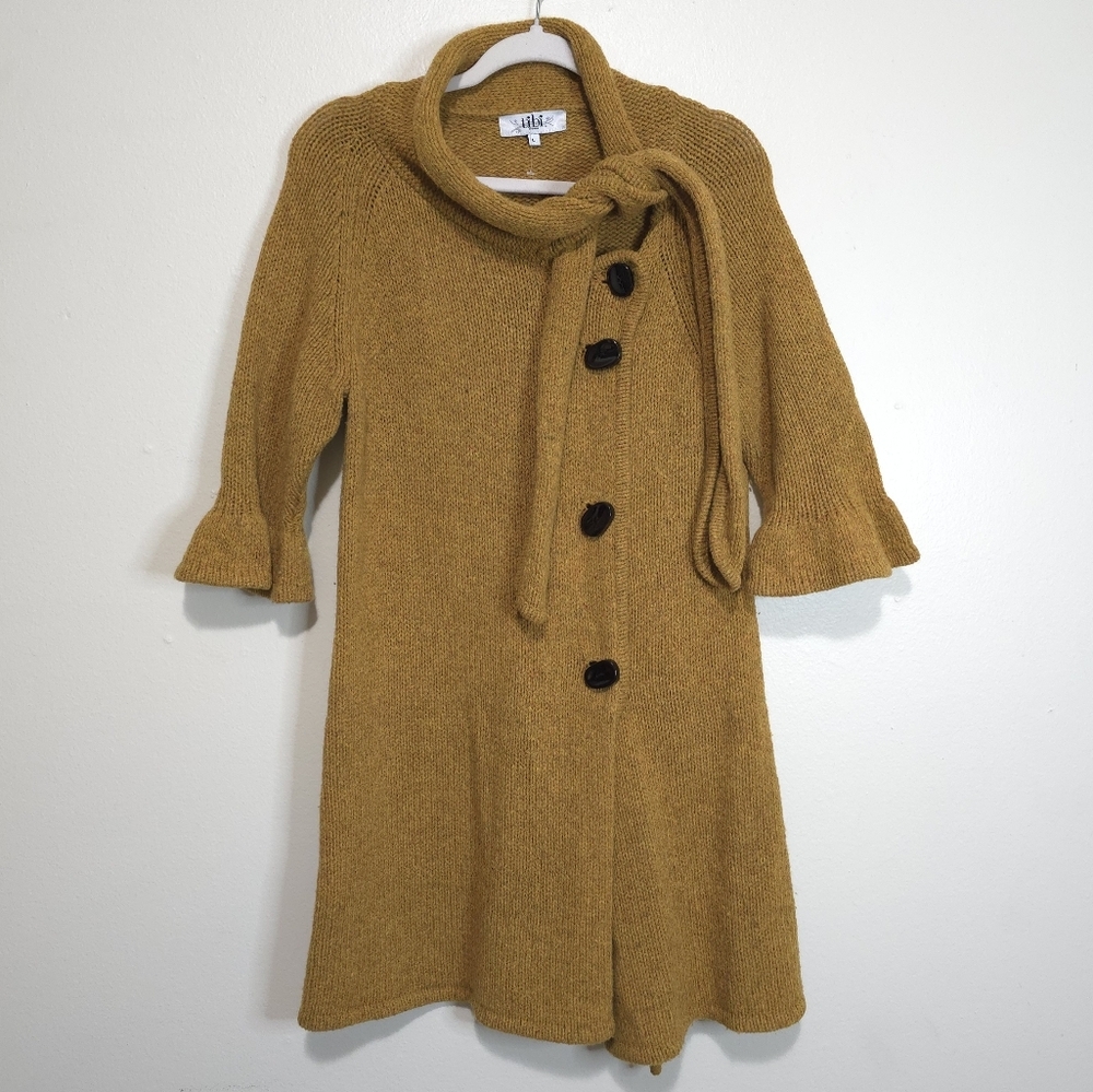 ​Tibi Wool Scarf Neck Ruffle Sleeve Jacket L Mustard Yellow Button Front Coat
